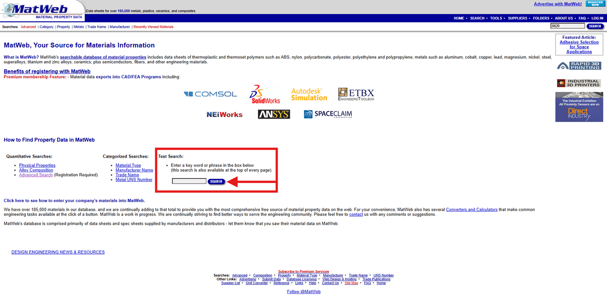 MatWeb'de Arama Yapmak